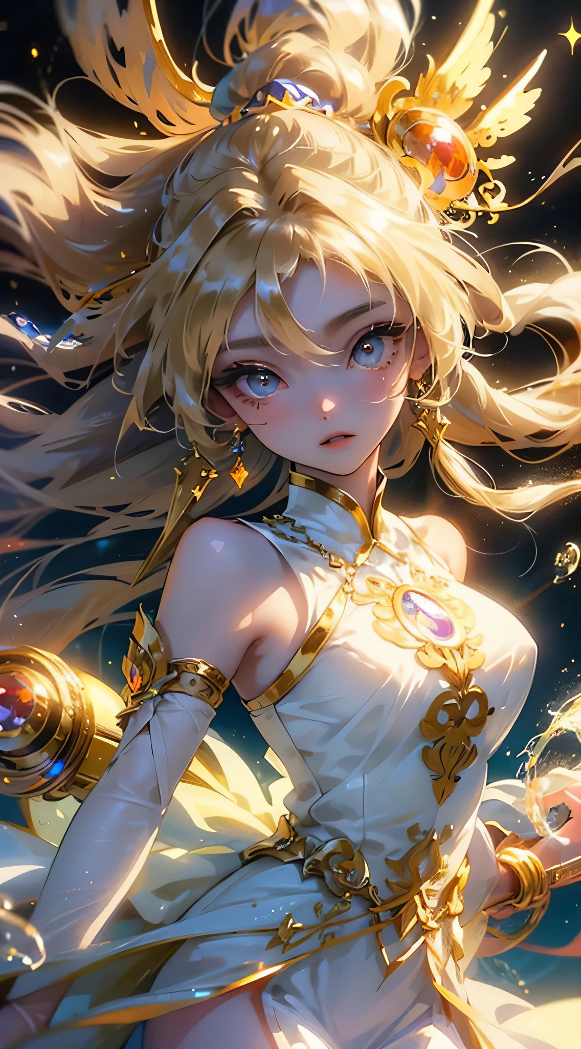 (((tmasterpiece))), (((Best quality))), ((ultra - detailed)),(Highly detailed CG illustration), ((Extremely Delicately Beautiful)),电影灯光, Create stunning works of fantasy art,fairy fantasy,Huang Li,greek myth,Alice is the rainbow goddess,Young and elegant figure,There are wings on the back,Exuding a radiant aura。Beutiful women,Long, flowing hair,Her hair was sometimes decorated with garlands。Dressed in a flowing manner、flowy dress or gown,Usually brightly colored,Shades similar to rainbows。The appearance of iris exudes elegance、Beautiful and ethereal temperament。Her depiction reflects her relationship with the rainbow,convey a wonderful feeling、vibrant with coloruild a bridge between heaven and earth。 light-blonde hair,beautidful eyes,独奏