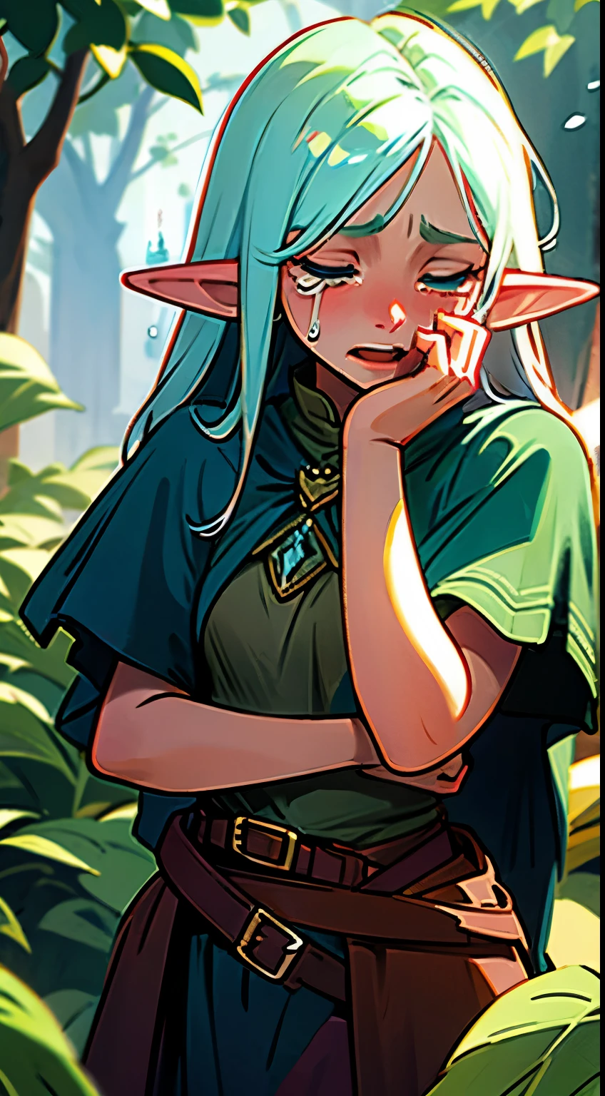 Female, solo, elf, mature woman, blonde hair, medium hair, torn green clothes, lies in a swamp, wounds on the body, black eyeliner, black eyelashes, Sad face