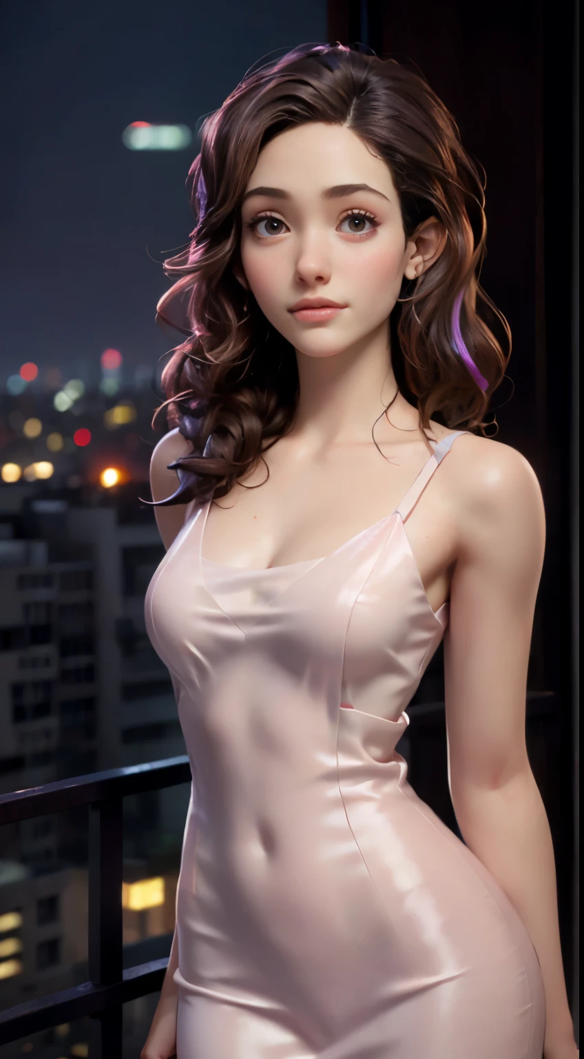 photo of Emmy Rossum, RAW, beautiful woman, ((portrait)), ((detailed face:1.2)), ((detailed facial feature, detailed skin, clear skin), (perfect proportioned body), (wearing a revealing colorful sexy dress) (high detailed city environment, apartment balcony), (realistic photo, best quality, detailed), (8k wallpaper), (cinematic lighting, dramatic lighting) (sharp focus, intricate)