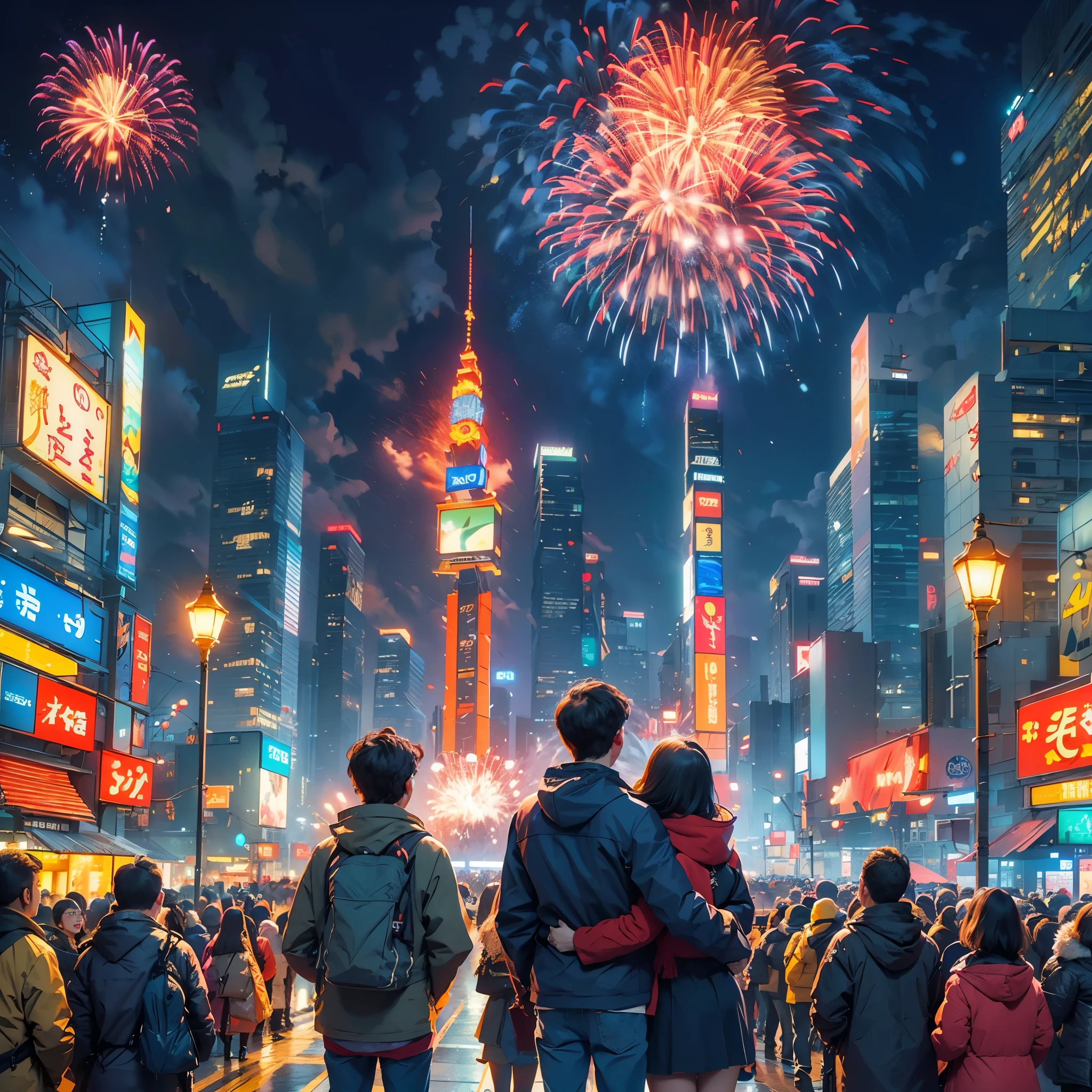 at winter season，((1 couple，hugs，Watching the fireworks in the sky))，(new year)，(concert)，(square)，(crowd of), (skyscrapper，City night view in the background, Many fireworks in the background), illustratio, Warm and joyful atmosphere, illustration, New Year’s Day, 下雪的at winter seasonnew year夜, 可爱illustratio, background artwork, 风格化数字illustratio，(first-person view, pov, Ghibli-like colours, UHD, masterpiece, ccurate, anatomically correct, textured skin, super detail, high details, high quality, best quality, 8k)