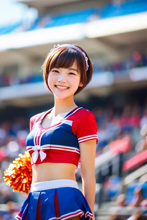 top-quality、masterpiece、hight resolution、4K、real 18 year old woman、cheer girl、cheerleaders、a smile、Shorthair、1girl in、