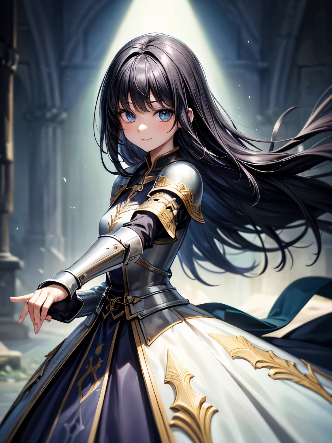 solo, womsn, fantasy RPG, knights, careless personality, detaild beautifu face and eyes, s Armor, black hair, long hair, floating hair, shiny hair, jewelry, light smile, Conceptual art, cinematic lighting, jpeg artifacts, Eye-Level Shot, drop shadow, depth of field, Ghibli-like colours, hyperrealism, masterpiece, retina, ccurate, best quality, highres, 4K, super detail