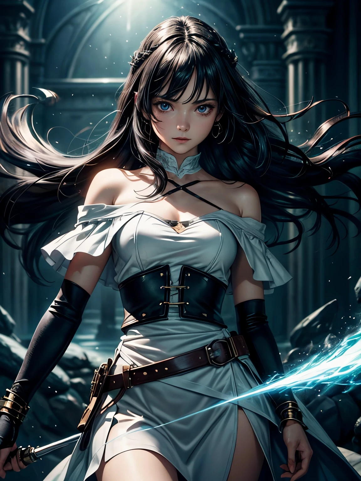 solo, womsn, fantasy RPG, knights, careless personality, detaild beautifu face and eyes, off shoulder white shirt and skirt, s Armor, black hair, long hair, floating hair, shiny hair, jewelry, light smile, Conceptual art, cinematic lighting, jpeg artifacts, Eye-Level Shot, drop shadow, depth of field, Ghibli-like colours, hyperrealism, masterpiece, retina, ccurate, best quality, highres, 4K, super detail
