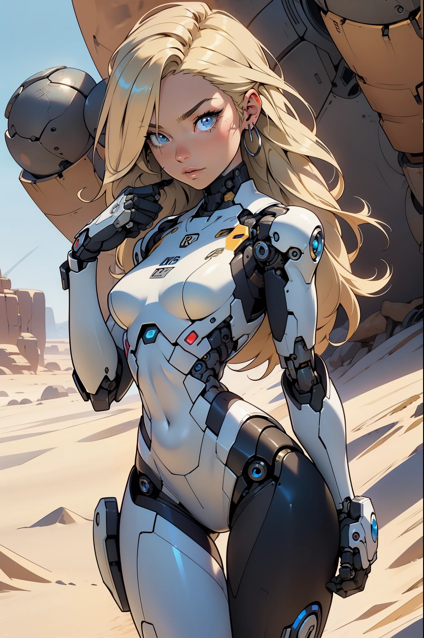 high quality, 4k, masterpiece, beautiful, cyborg girl, cowboy shot, dull eyes, looking at viewer, long blonde hair, girl, small breasts, fit thigh, robotic arms, robotic body, cyborg body, yellow accent, intricate detail, joint, detailed lines, robotic detail, holding fist up, holding hand up as fist, color robotic parts, robotic parts with color, perfect fingers, on a desert planet, sunny background, colorful desert,