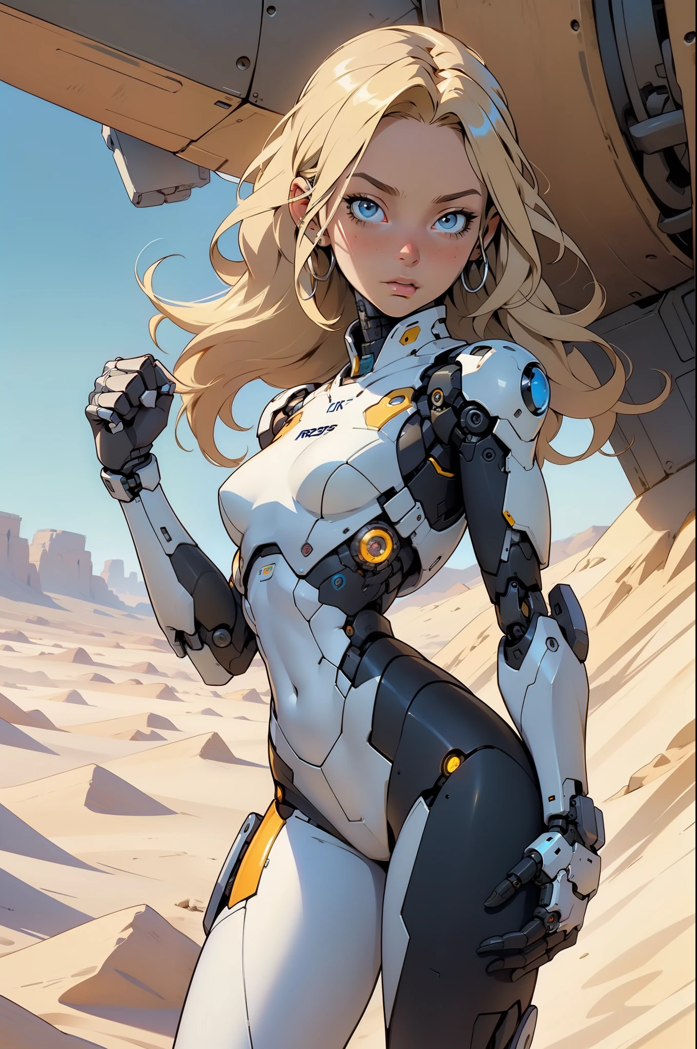 high quality, 4k, masterpiece, beautiful, cyborg girl, cowboy shot, dull eyes, looking at viewer, long blonde hair, girl, small breasts, fit thigh, robotic arms, robotic body, cyborg body, yellow accent, intricate detail, joint, detailed lines, robotic detail, holding fist up, holding hand up as fist, color robotic parts, robotic parts with color, perfect fingers, on a desert planet, sunny background, colorful desert,