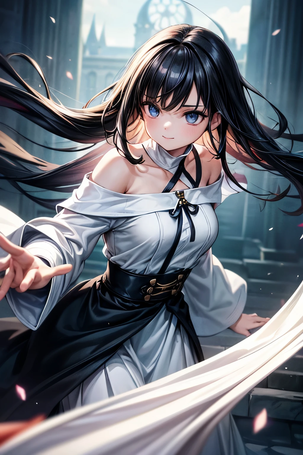 solo, womsn, fantasy RPG, Priest, careless personality, detaild beautifu face and eyes, off shoulder white shirt and skirt, robe, black hair, long hair, floating hair, shiny hair, jewelry, light smile, Conceptual art, cinematic lighting, jpeg artifacts, Eye-Level Shot, drop shadow, depth of field, Ghibli-like colours, hyperrealism, masterpiece, retina, ccurate, best quality, highres, 4K, super detail