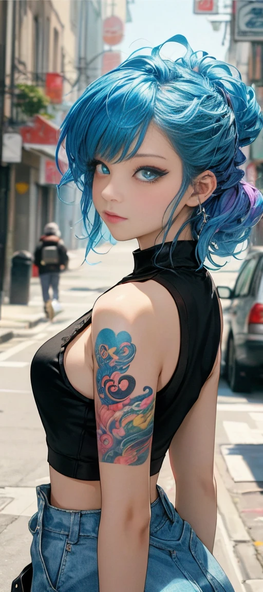 (NSFW), goth, excited, pale skin, smoky eyes, vivid colors, microbangs, yellow and blue hair, green lips, hotel balcony at night, leaning over balcony, leaning, body view, huge breasts, womb tattoo, heart tattoo, ripped clothing, skull tshirt