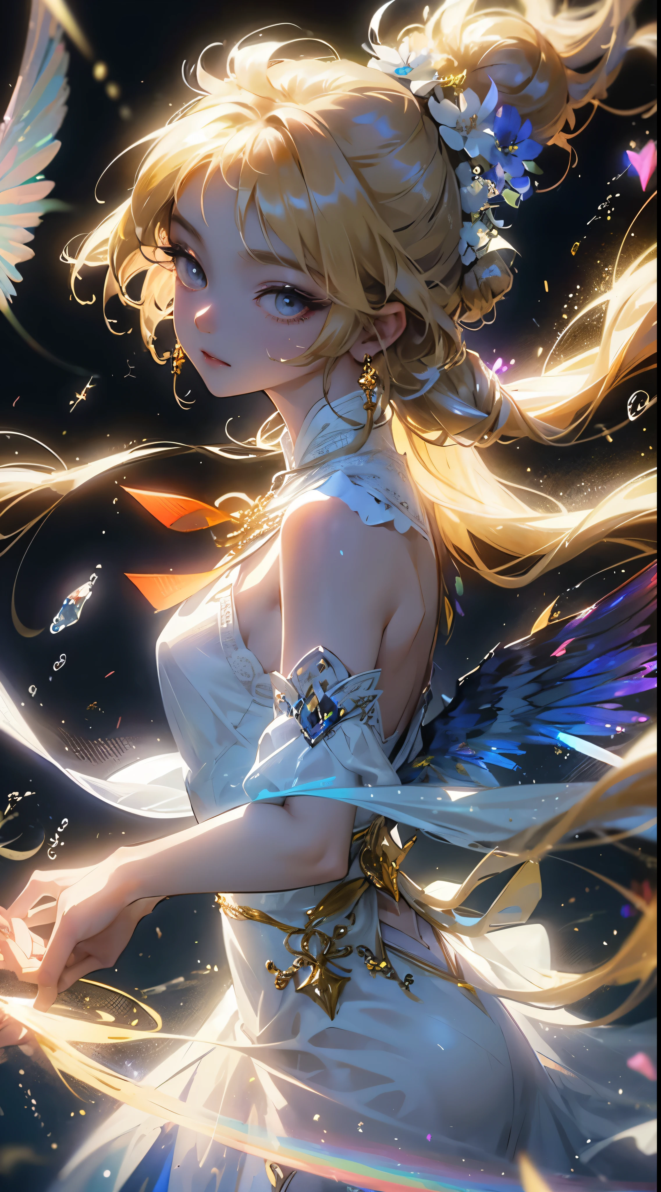 (((tmasterpiece))), (((Best quality at best))), ((ultra - detailed)),(Highly detailed CG illustration), ((Extremely Delicately Beautiful)),电影灯光, Create stunning works of fantasy art,fairy fantasy,Huang Li,greek myth,Alice is the rainbow goddess,Young and elegant figure,There are wings on the back,Exuding a radiant aura。Beutiful women,long, floated hair,Her hair was sometimes decorated with garlands。Dressed in a flowing manner、Flowing dress or gown,Usually brightly colored,Shades similar to rainbows。The appearance of iris exudes elegance、Beautiful and ethereal temperament。Her depiction reflects her relationship with the rainbow,convey a wonderful feeling、extremely colorful,Build a bridge between heaven and earth。 light-blonde hair,beautidful eyes,独奏