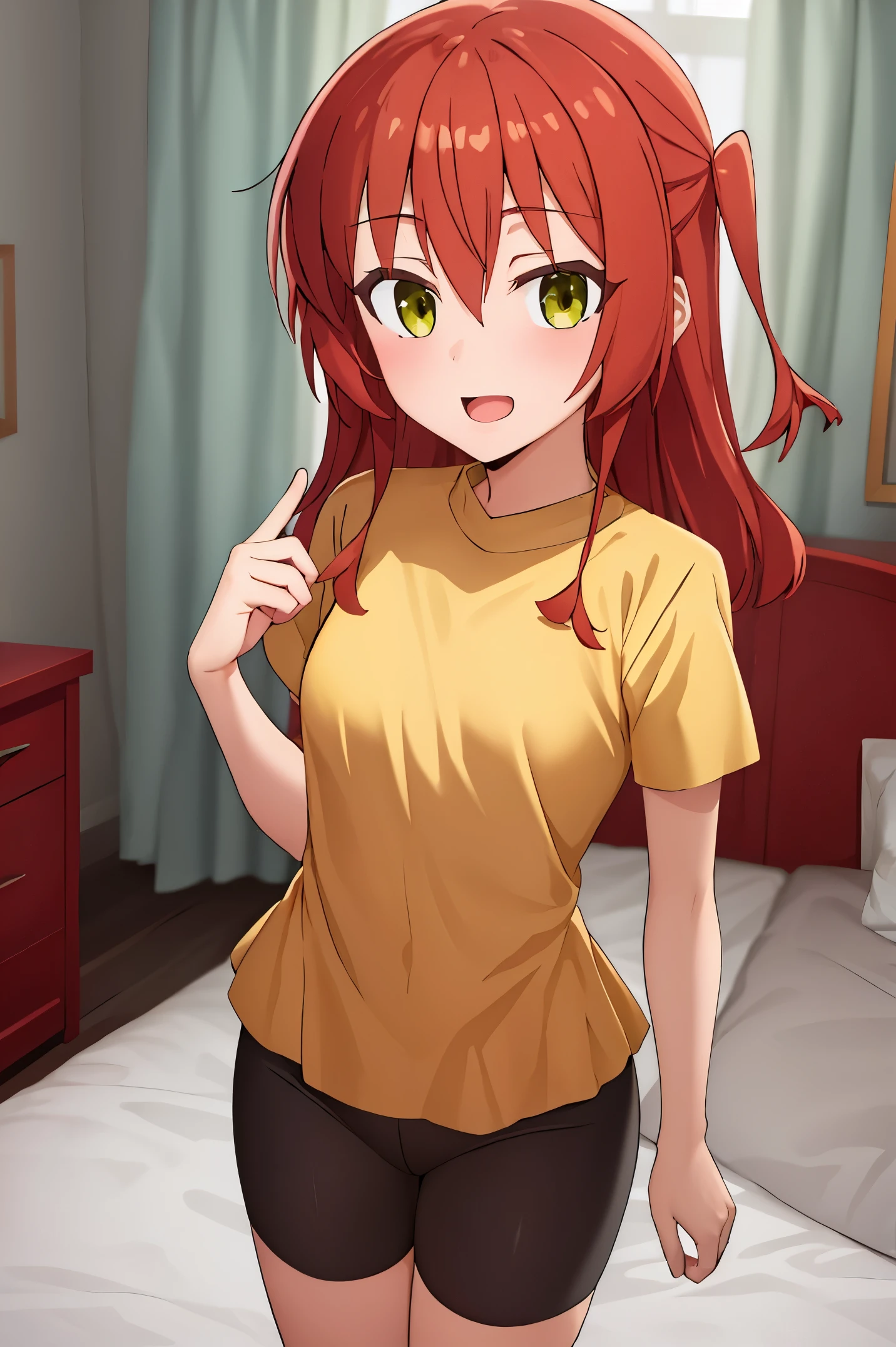 1 girl, best quality, ultra high res, long hair, red hair, green eyes, looking at viewers, small breast, standing, pov, slim body, loli body, small body, smile, open mouth, yellow shirt, short sleeves, bike shorts, bedroom, white bed sheets,