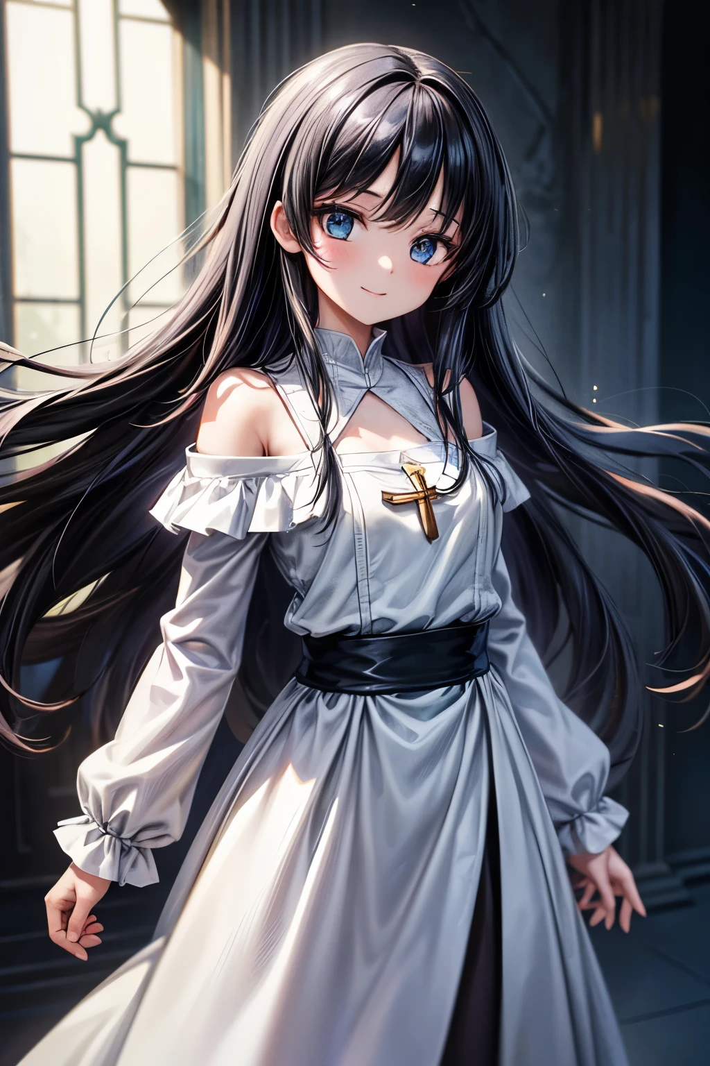 solo, cute girl, fantasy, Priest, careless personality, detaild beautifu face and eyes, off shoulder white shirt and skirt, black hair, long hair, floating hair, shiny hair, jewelry, light smile, Conceptual art, cinematic lighting, jpeg artifacts, Eye-Level Shot, drop shadow, depth of field, Ghibli-like colours, hyperrealism, masterpiece, retina, ccurate, best quality, highres, 4K, super detail