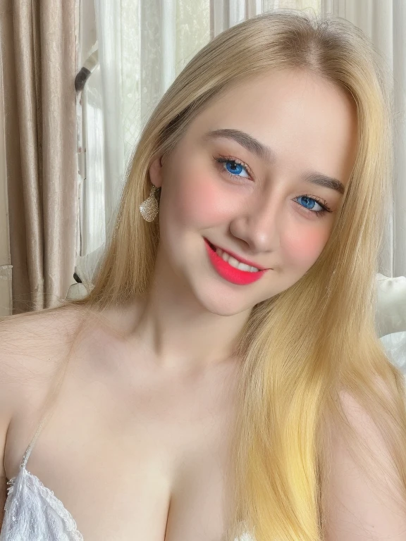 (Cute innocent white 12 year old), long straight perfect blonde hair, blue eyes, wearing a tight pink micro bikini, (small round breasts), cameltoe, smiling, sunny day, white super tight thigh highs, dynamic pose on a living room, indoors, carpet, masterpiece, detailed, 8k, looking at viewer,