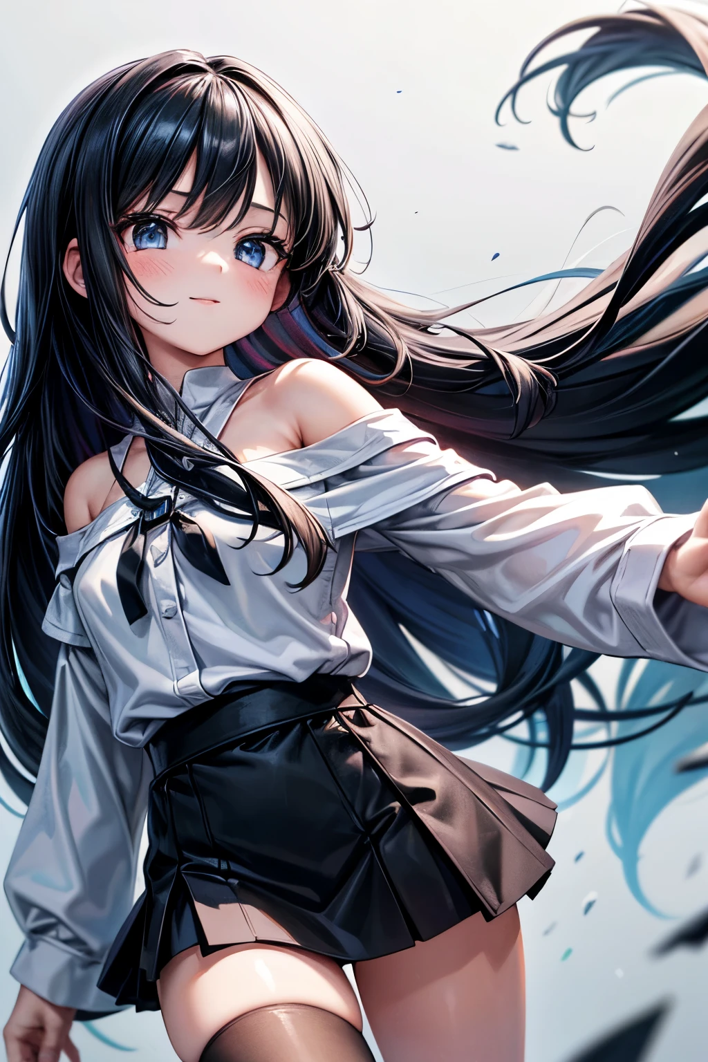 solo, cute girl, fantasy, clergyman, careless personality, detaild beautifu face and eyes, off shoulder white shirt and skirt, black hair, long hair, floating hair, shiny hair, jewelry, light smile, Conceptual art, cinematic lighting, jpeg artifacts, Eye-Level Shot, drop shadow, depth of field, Ghibli-like colours, hyperrealism, masterpiece, retina, ccurate, best quality, highres, 4K, super detail