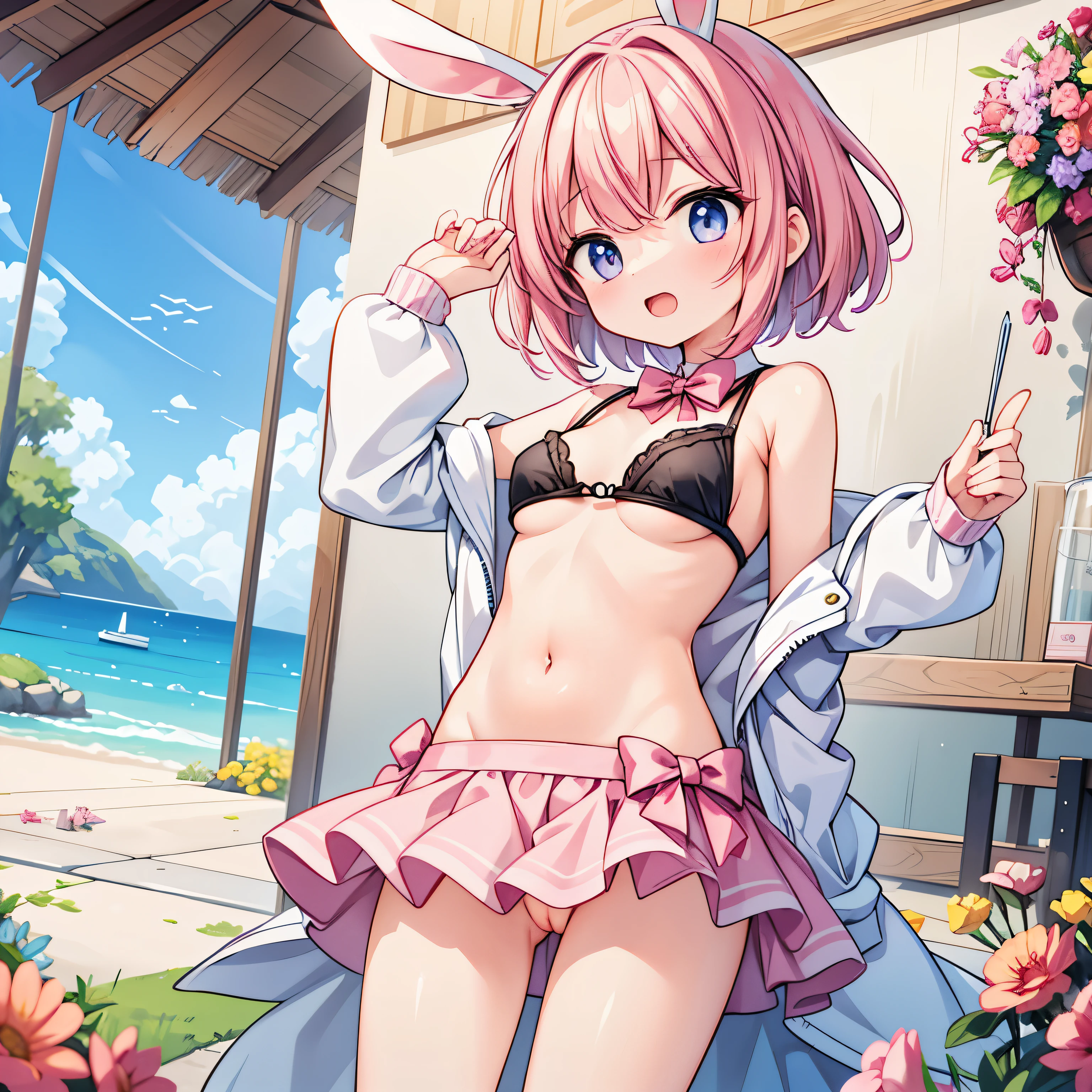 Anime girl, with small boobs, pink and short haired, not wearing clothes, with bunny ears, visible boobs and pussy with cum