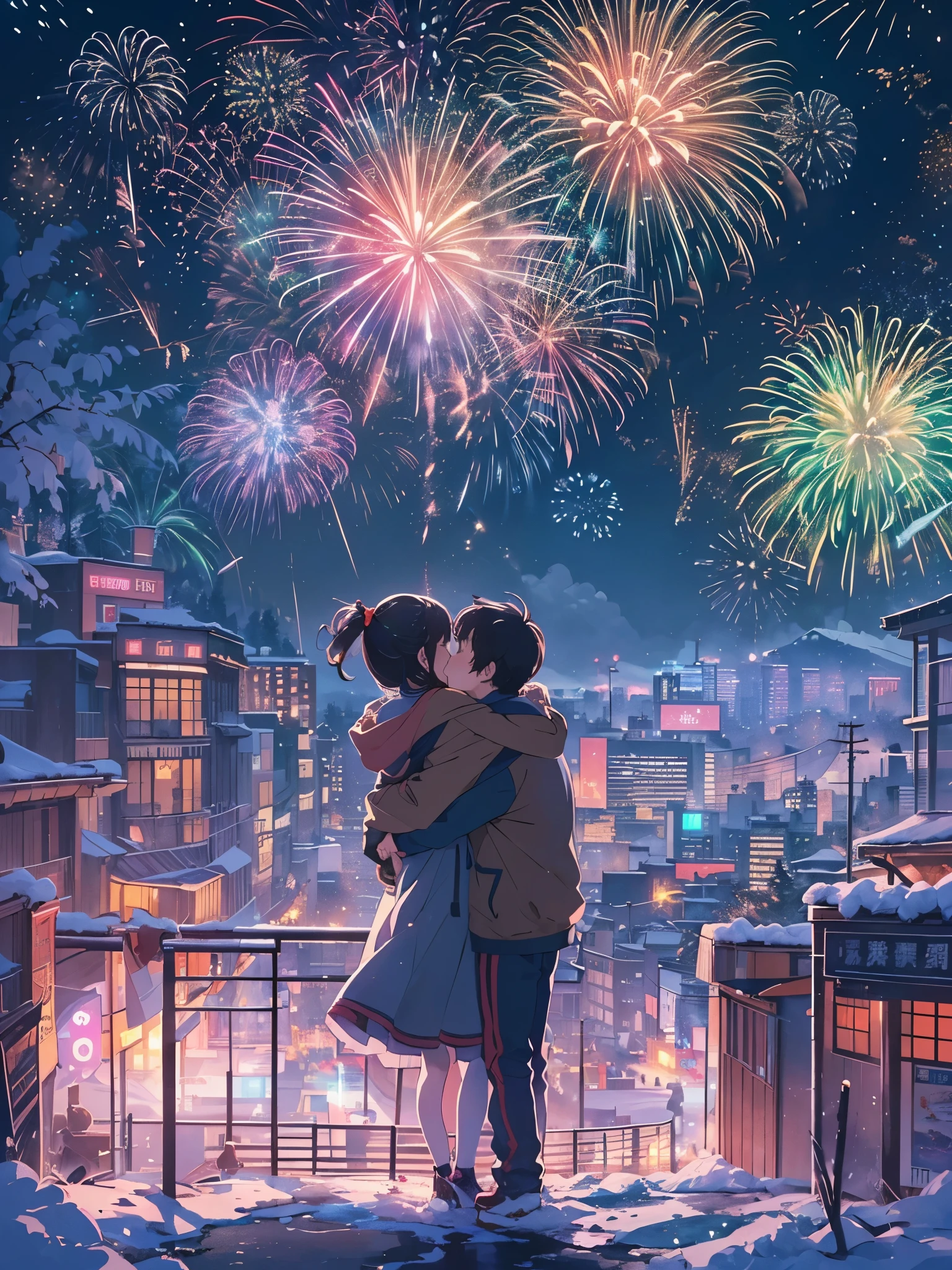 (tmasterpiece),（ultra - detailed:1.3），Best quality at best，（Sparkling fireworks:1.2），（new year，concert celebration:1.4），(at winter season，Male and female couple wearing down jackets: 1.6), gorgeous color，crowd of，As estrelas，(riverbank)，(city night scene，skyscrapper:1.8), The world of dreams, Lovely design style, Grand celebration，brilliant colorful，Happy mood，Fireworks explosionestive atmosphere，permanent memory，Vibrant colors、The color is just right，1.Realism increased by 4 times，hyper HD，Everything is displayed in this beautiful scene，（The content is very detailed，Reasonable design，Clear lines，High- sharpness，tmasterpiece，offcial art，movie light effect，8K）