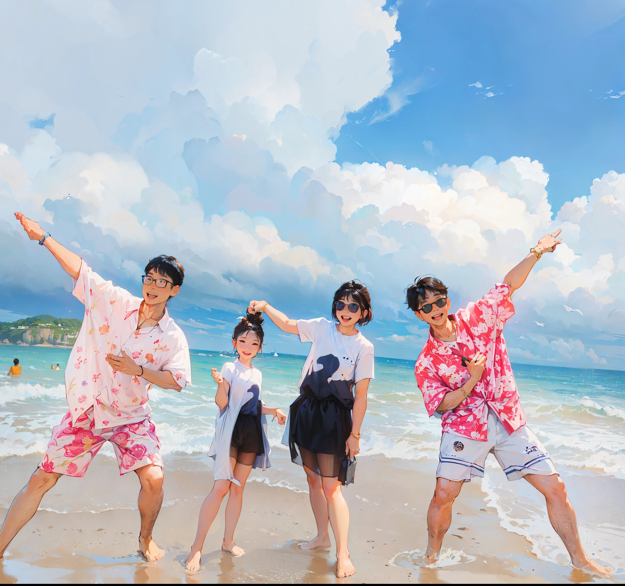 ((Best quality at best, 8K, tmasterpiece: 1.3)), Best quality at best, 超高分辨率, (realisticlying:1.4),Family of 4 by the sea,Colorful, sharp and clear focus, gentlesoftlighting, Complicated details,