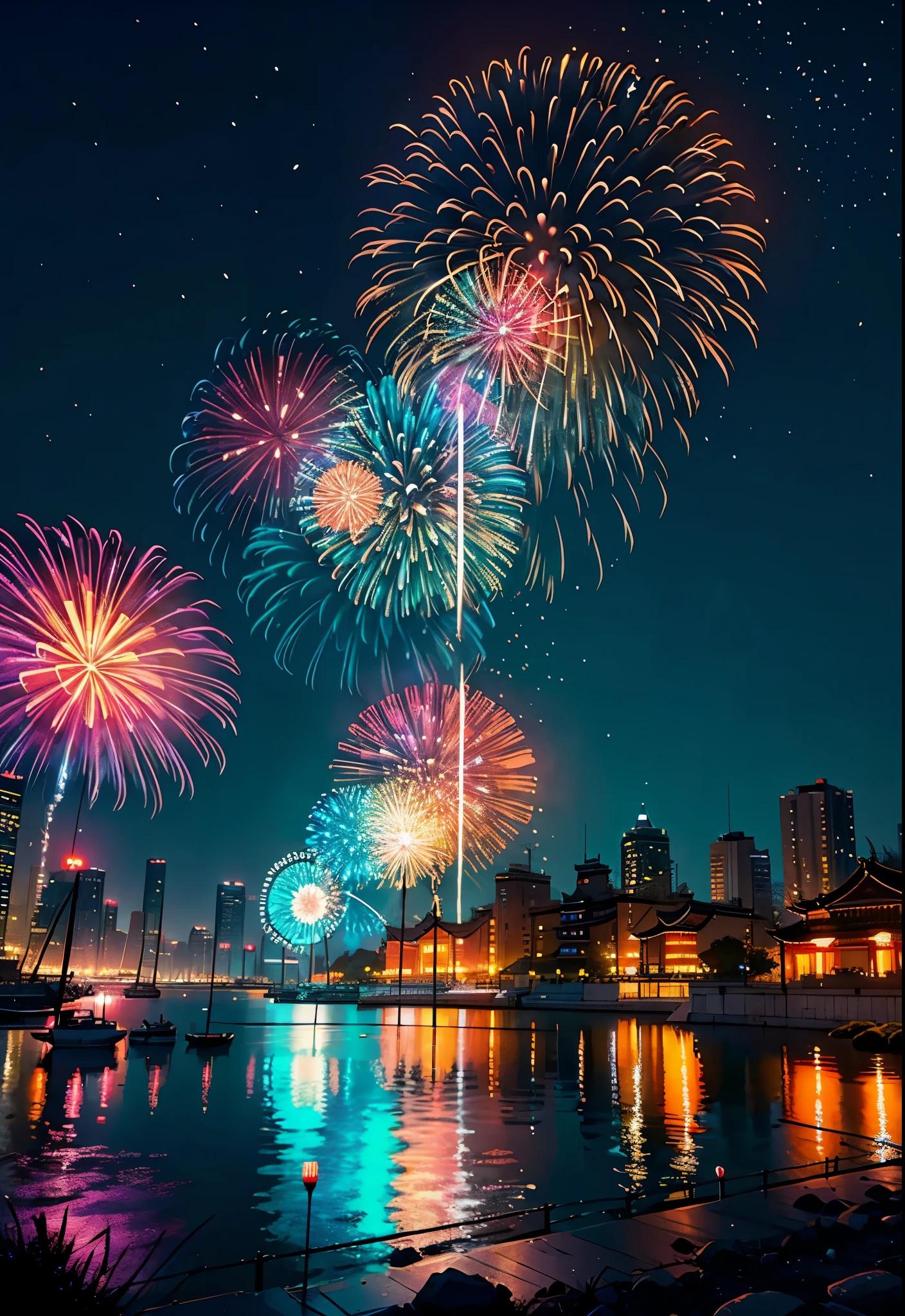 (best qualtiy:1.4),During a festival in a big city in China,Fireworks became the focal point。When night falls,The sky over the city becomes gorgeous。A breathtaking photo captures this wonderful fireworks display。 in the photo,The night sky is lit up by huge and brilliant fireworks,It's like a river of stars。The light of the fireworks shines in various colors,Decorate the sky like a fairyland。Every firework is like a blooming flower,Exudes an alluring fragrance。 The photographer skillfully uses his professional camera,and high-quality wide-angle lenses,The moment when the fireworks bloom is captured。He sets a smaller aperture,Such as f/8,to ensure clarity and detail throughout the fireworks。Choose the shutter speed appropriately,Let the glow of the fireworks leave a beautiful light track in the picture。ISO settings adjust based on actual light conditions,to keep the details and color restoration of the photo。 While watching a fireworks display,Photographers pay attention to capturing moments and details。He adjusted the angle and focus of the lens,Strive to show the magnificence and brilliance of fireworks。ao mesmo tempo,He also used a sturdy tripod and remote control,Ensure the stability and sharpness of the photo。 The final photo presents an amazing picture,It records the spectacular fireworks during the festival celebration in one of China's major cities。Each firework takes on a brilliant variety of colors and gorgeous forms,It makes people feel like they are in a fairy tale。The eruption and bloom of fireworks in still photos convey shock and spectacle。 This photo makes people feel the beauty and shock of fireworks,It also records the moments when people celebrate together in festivals。It is a vivid expression of the festive atmosphere and people's joyful mood,It has also become a lasting memory of the city's celebrations。