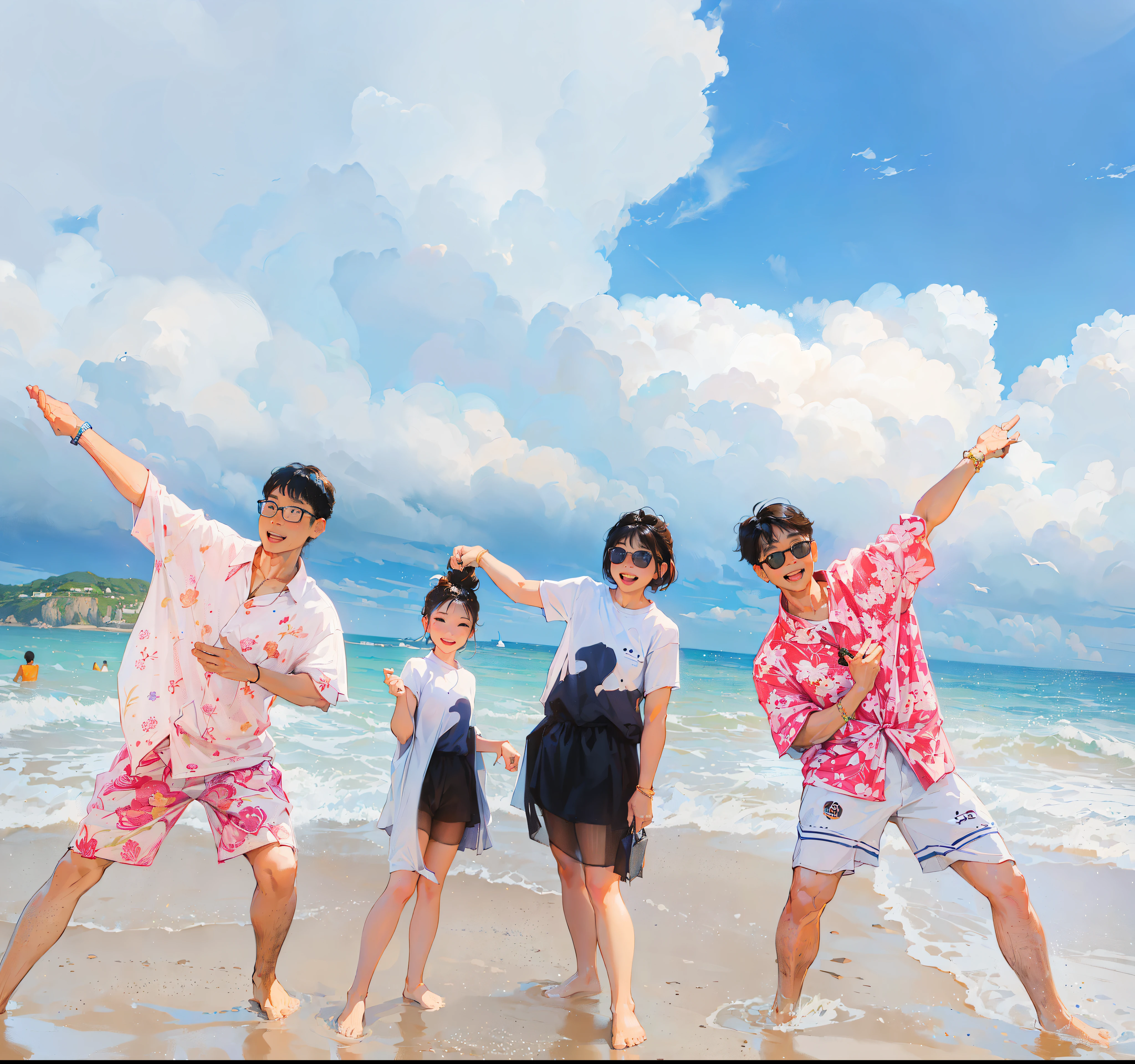 ((Best quality, 8K, tmasterpiece: 1.3)), Best quality, 超高分辨率, (realistically:1.4),Family of 4 by the sea，Colorful, Focus Clear, gentlesoftlighting, Complicated details,