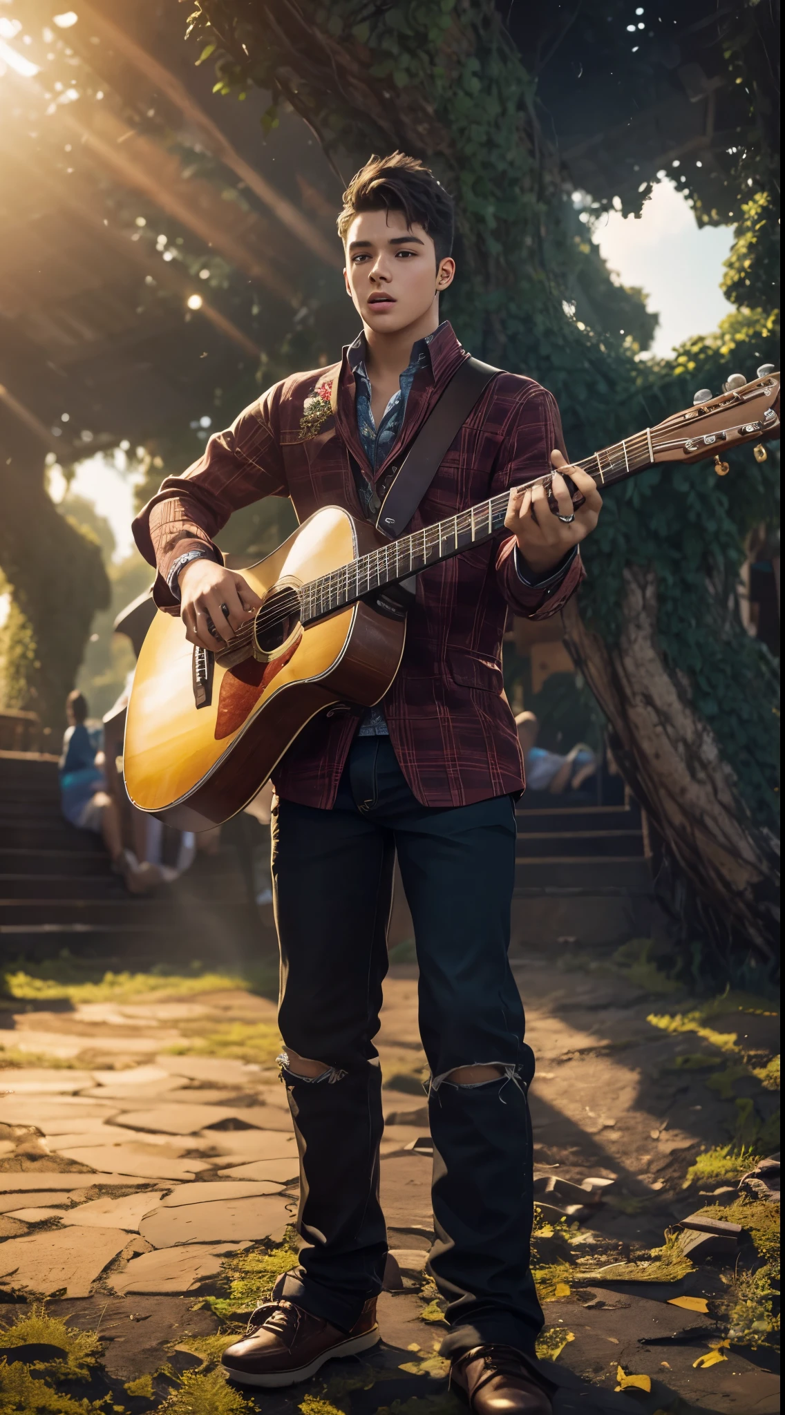 This boy is a singer. He is singing a song from his heart. Behind him are many expensive musical instruments. He stands on stage in front of thousands of spectators.he is looking very young.his face is so young.he is so attractive . He is a professional singer.