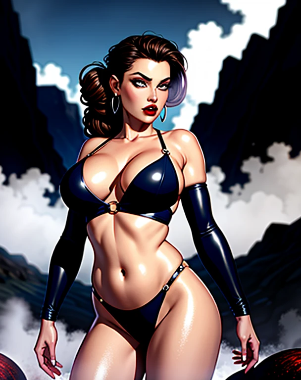((tmasterpiece), Best quality at best, high qulity, Professional Quality, The is very detailed, A high resolution, perfect litthing, natural lightting), Joe Madureira style,Manhwa Style,sky art 1, be compressed or expanded, one piece swimsuit, heiress, short, thin, face, White skin of the, dark brown hair, Amber Eyes, Narrow nose, 's plump lips, Protruding chin, Shoulder-length hair, curlies, Formal Updo, asymmetrical, ,,Pubic hair shows through,Dangle earrings, lavender dyed lipstick, dripping liquid waterfall, mist-shrouded river valley,far-sighted, cutting edge laboratory, A volcanic planet with constant eruptions and rivers of lava, Provide residents with abundant geothermal energy., post-apocalyptic wastelands, Vampires