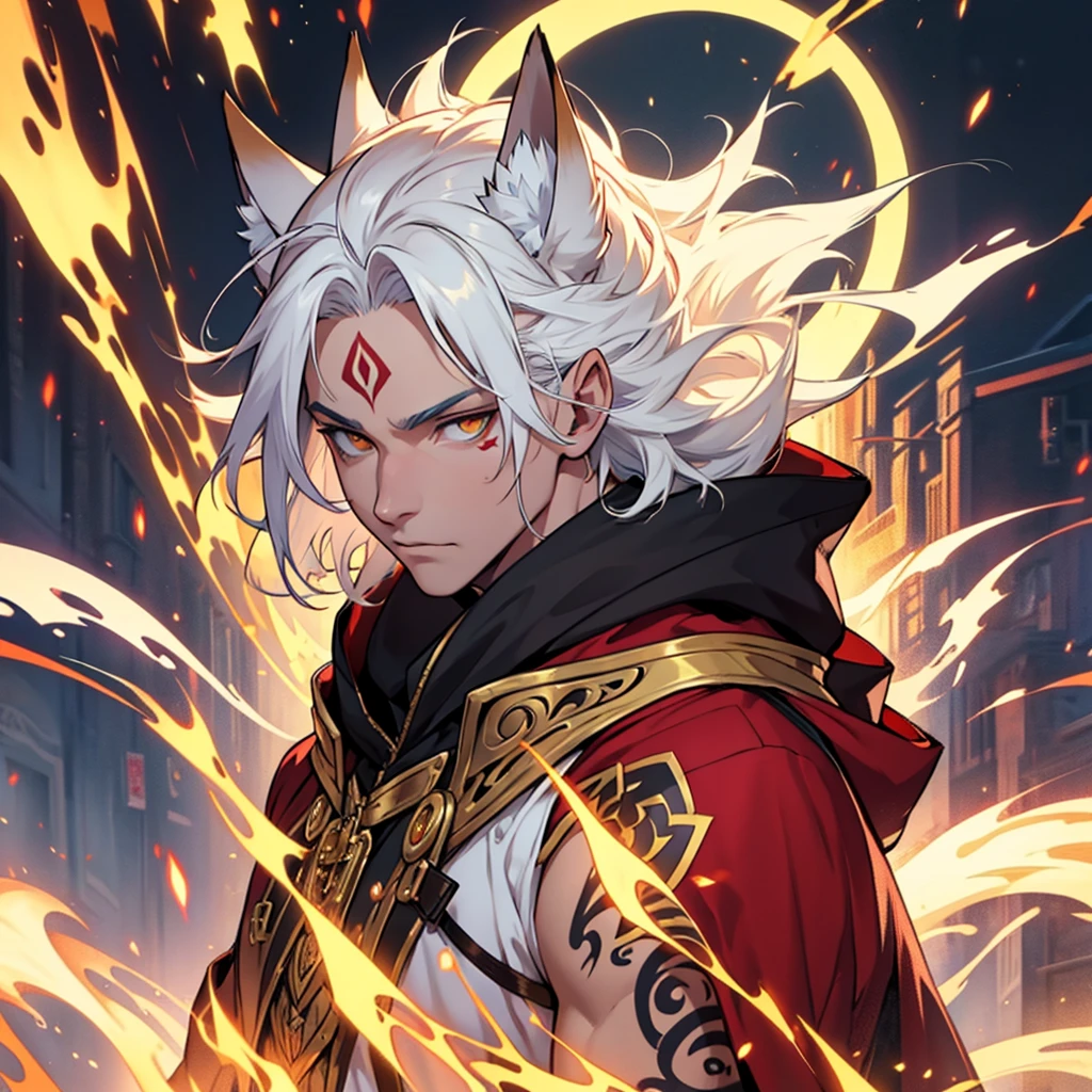 Best quality, masterpiece, ultra high res,detailed background,solo,male,mature male, white hair, golden eyes, furry fox ears, mystic red tatoo on the forhead, a man, alone, white hair, golden eyes, tattoo on the forehead, mark on the face, tall, gentle face, wears a mage's robe with a hood, stand on a fantasy city street