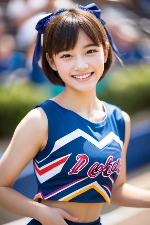 top-quality、masterpiece、hight resolution、4K、real 18 year old woman、cheer girl、cheerleaders、a smile、Shorthair、1girl in、