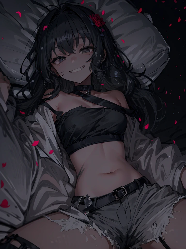 1girl in,ars old cute girl,skin tanned,Dark eyes,Wavy Hair,Black hair,littl lying on her back on the bed,Rose petals,Spread legs wide,very messy long hair,Black tube top,Black Hot Pants,,smily face, grin,,,,,,