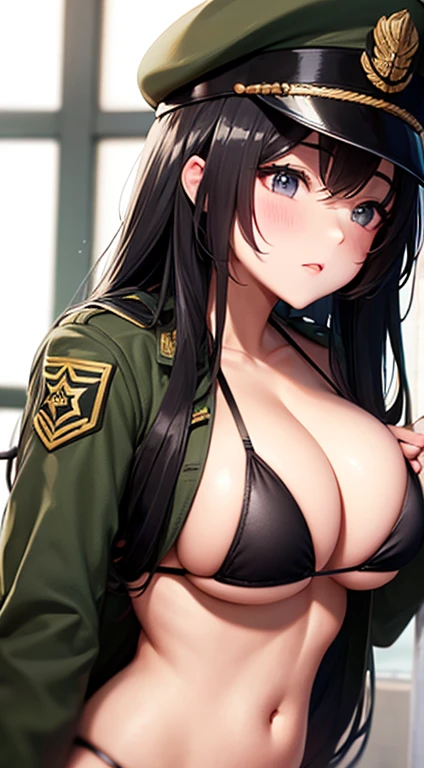 bikini, military cap, long black hair, breast, kissing