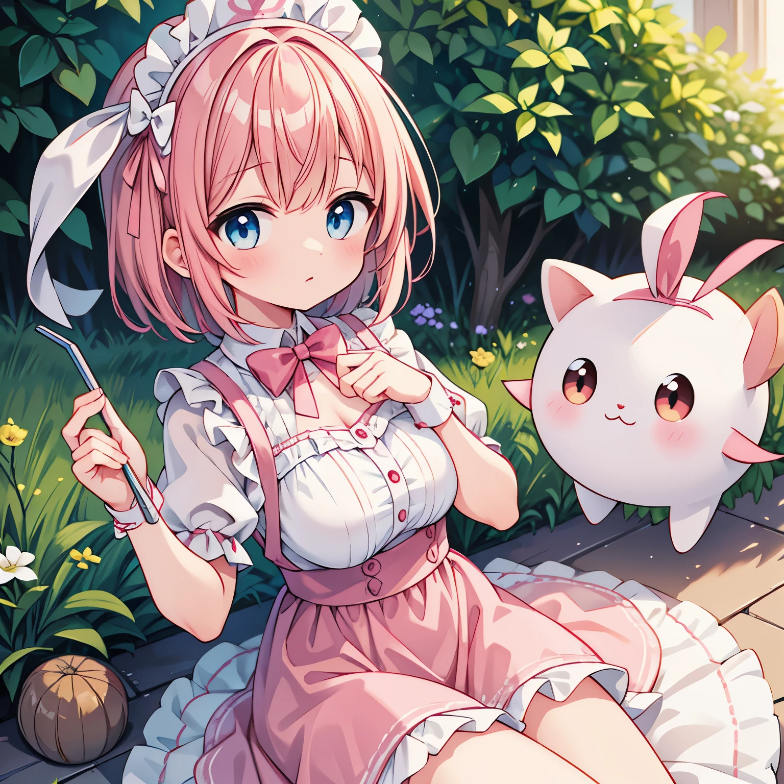 Anime girl, pink and short haired, wearing pink and white maid clothes, wearing green bunny style ribbon on her head, blue eyes, showing boobs out.