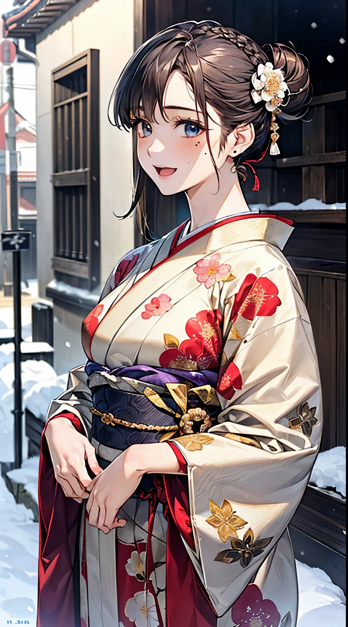 ((perfect anatomy, anatomically correct, super detailed skin)), 
1 girl, japanese, 16 years old, shiny skin, large breasts:0.5, looking up, watching the view, 
beautiful hair, beautiful face, beautiful detailed eyes, (middle hair:1.5, half updo:1.7), blown hair, blue eyes, babyface, mole under eye, 
(((traditional japanese clothing:1.2, metallic red fabric:1.5, fwith an intricate flower pattern:1.3, with gold embroidery:1.2,  muffler, luxurious hair ornament))), 
((smile:1.5, open mouth)), standing, 
(beautiful scenery), winter, dawn, (new year's day, first visit), hokkaido, sapporo, outside shrine, crowd, snow, snowfall:1.5, freezing weather, frost, 
(8k, top-quality, masterpiece​:1.2, extremely detailed), (photorealistic:1.2), sunlight, beautiful art, visual art, depth of fields, natural lighting,