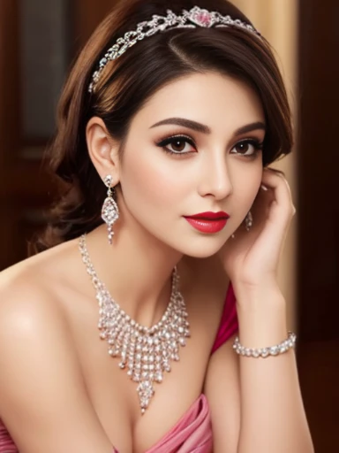 Lebanese lady, diamond dangling earrings, necklace, bracelets, small breasts, 40 years old, smokey eyes, cleavages, red lips, innocent face, pink fashion ball gown, stylish hairstyle, A skirt