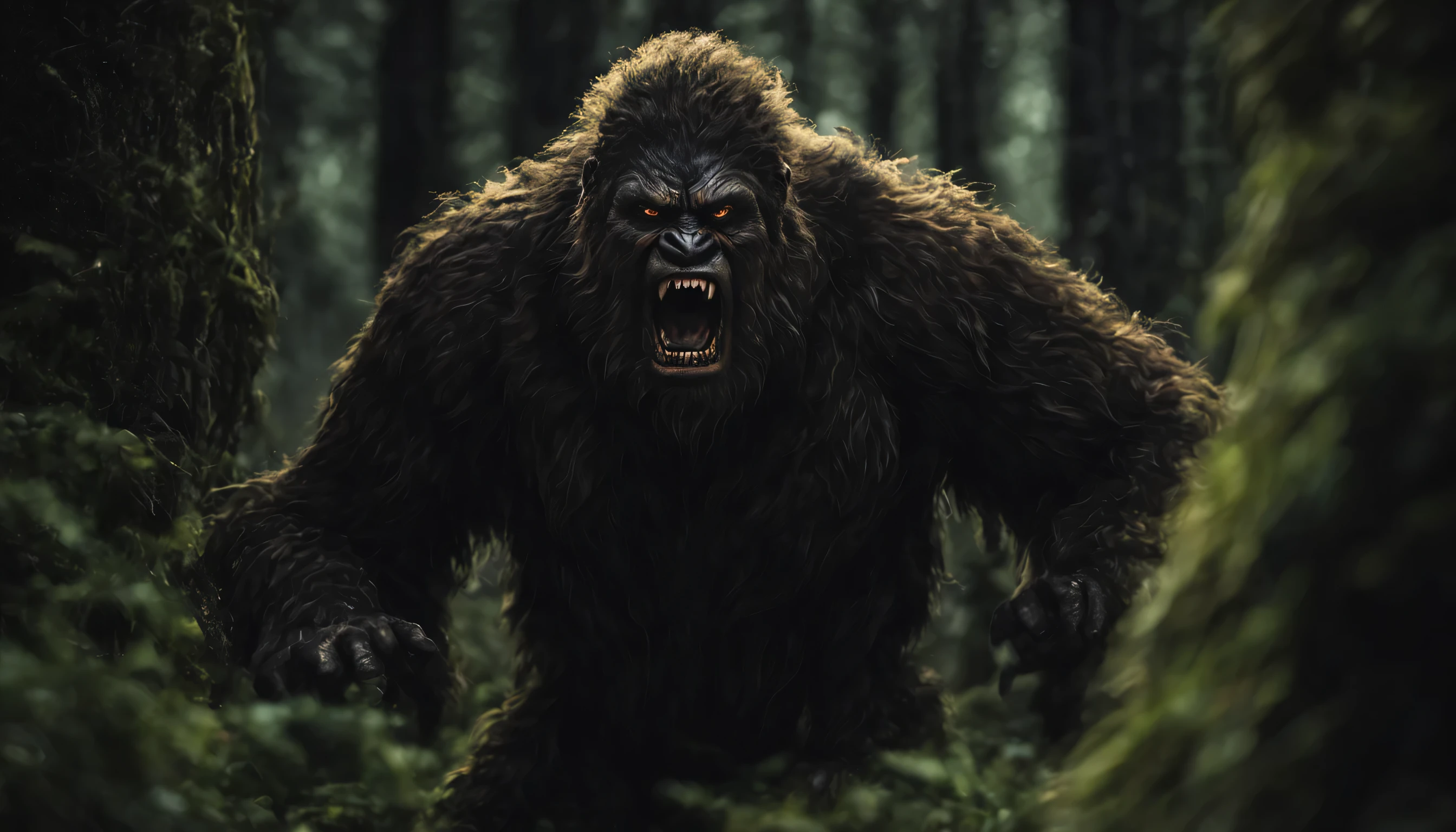 Close up of a Snarling bigfoot in a dark forest
