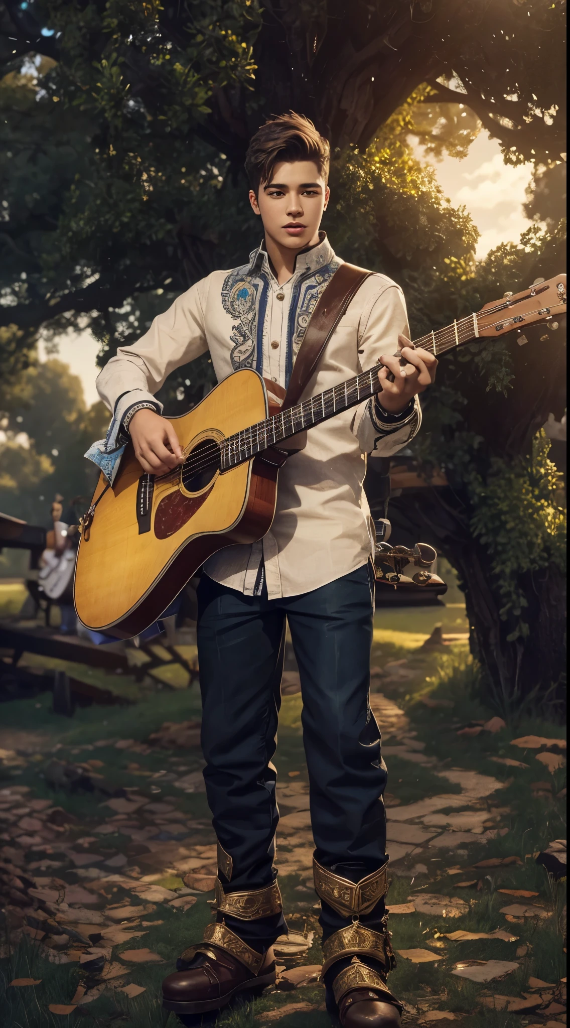 This boy is a singer. He is singing a song from his heart. Behind him are many expensive musical instruments. He stands on stage in front of thousands of spectators.he is looking very young.his face is so young.he is so attractive . He is a professional singer.
