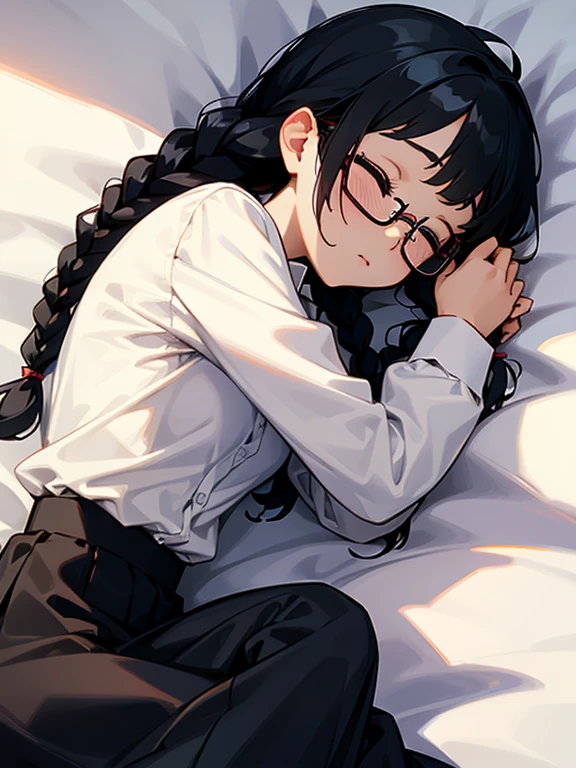 a young cute girl, glasses, braids, black hair, (sleeping), dress shirt