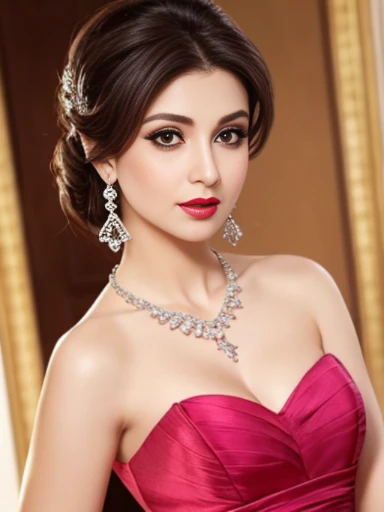 Lebanese lady, diamond dangling earrings, necklace, bracelets, small breasts, 40 years old, smokey eyes, cleavages, red lips, innocent face, pink fashion ball gown, stylish hairstyle, overskirt