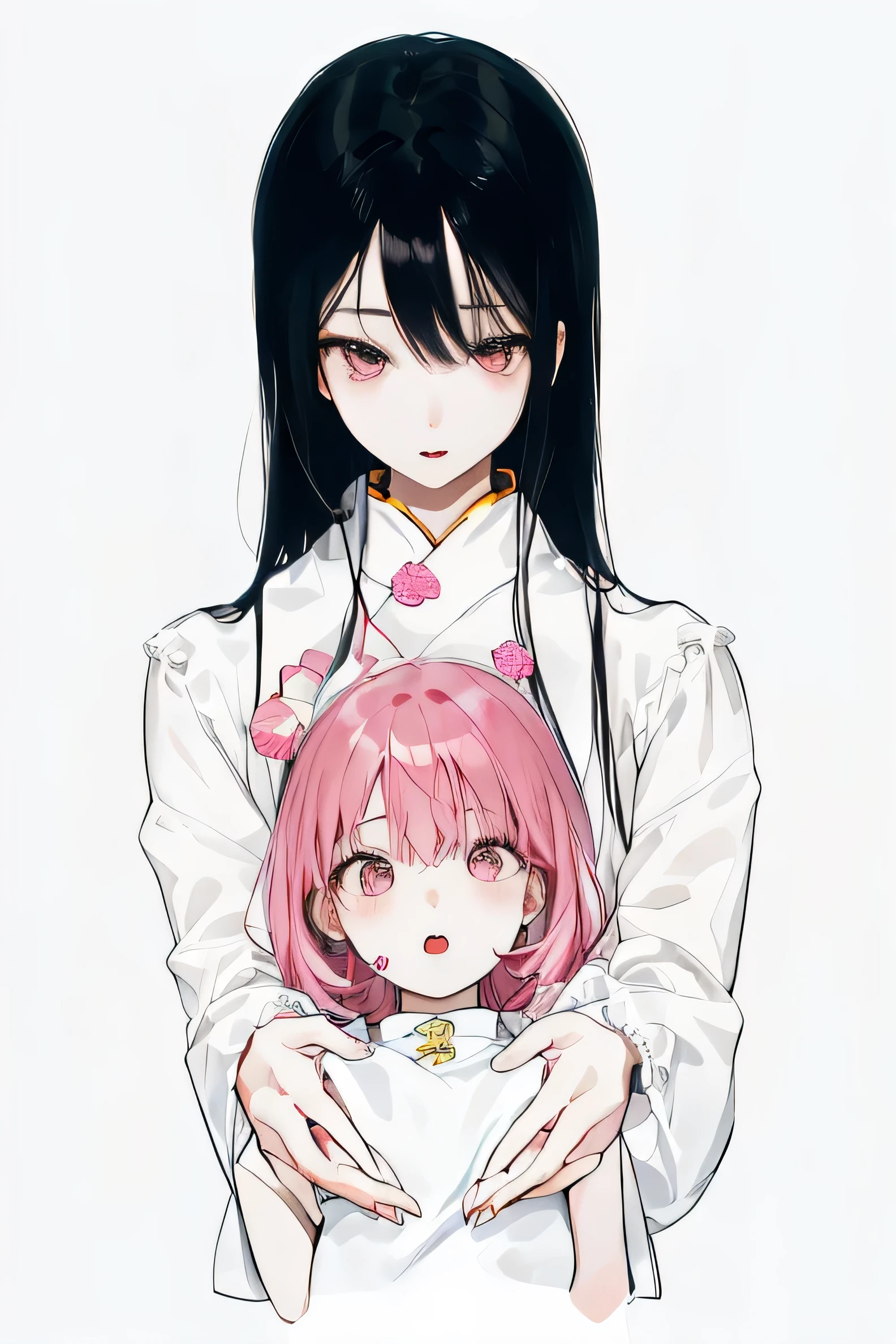 一个Black Haired Woman和一个粉红色头发的女孩，Black Haired Woman&#39;hands in front of pink haired girl