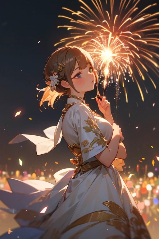 masterpiece, 
best quality, ultra-detailed,  
an extremely delicate and beautiful, New Year's festivities, fireworks, flower blizzard,
