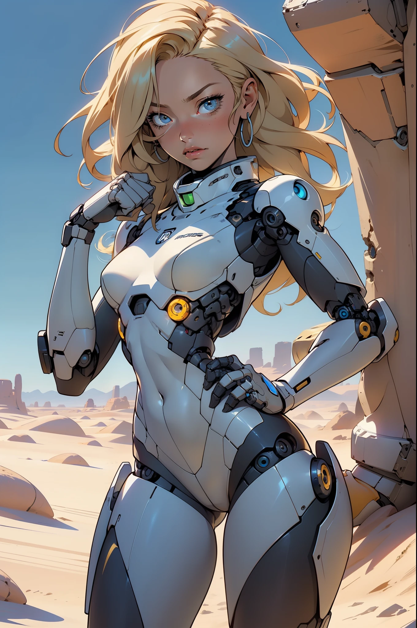 high quality, 4k, masterpiece, beautiful, cyborg girl, cowboy shot, dull eyes, looking at viewer, long blonde hair, girl, small breasts, fit thigh, robotic arms, robotic body, cyborg body, yellow accent, intricate detail, joint, detailed lines, robotic detail, holding fist up, holding hand up as fist, color robotic parts, robotic parts with color, perfect fingers, on a desert planet, sunny background, colorful desert,