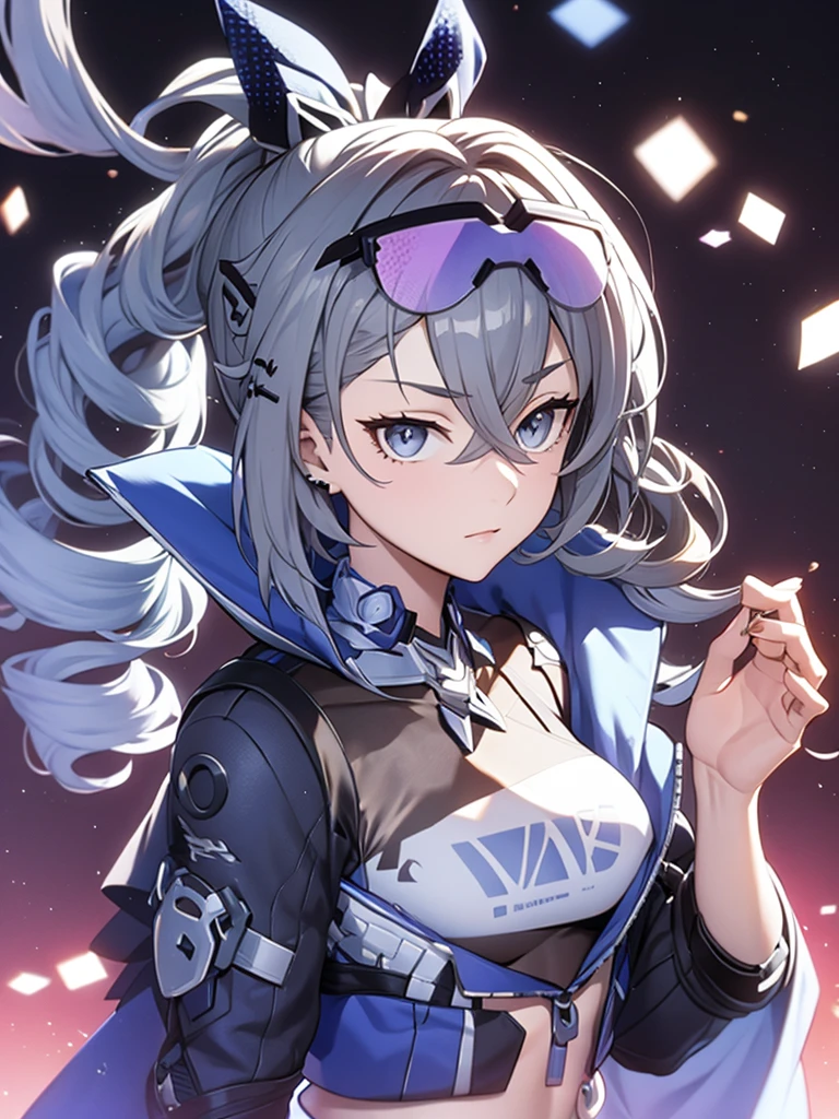 sliver wolf /(honkai:star rail/), grey hair(drill ponytail), fur trim jacket, sunglasses (piercing gaze)(cold expression), beautiful face, beautiful eyes, ultra hd, high resolution, best quality, 8k, top quality, Anime character, game character, girls, video game, silver wolf, honkaistarrail