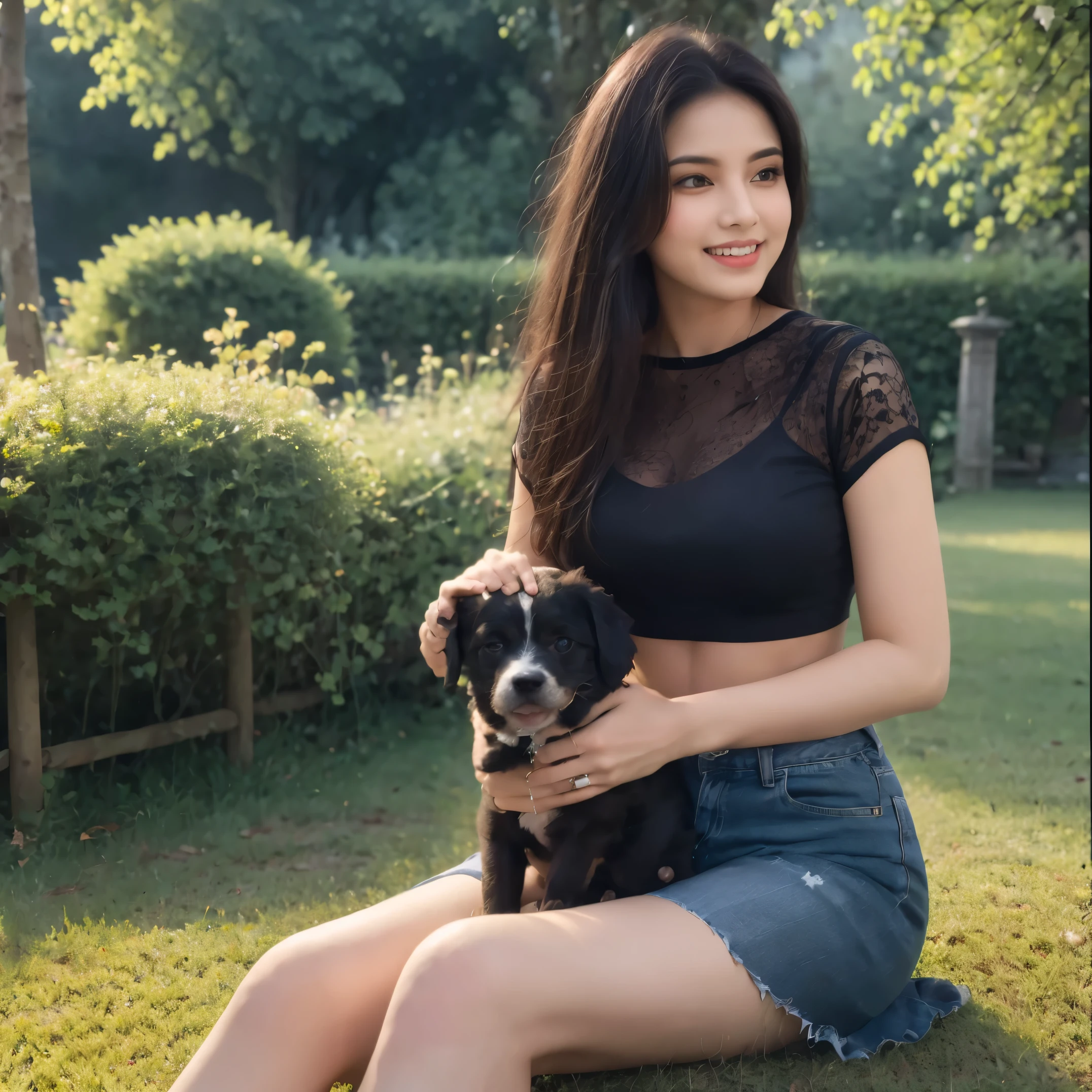 "In the enchanting evening garden, an Indian fashion model embraces style in a dark grey woolen top paired with sleek black denim. Amidst the verdant surroundings, she joyfully plays with her adorable puppy, creating a scene of timeless elegance and playful companionship,HDR 8K