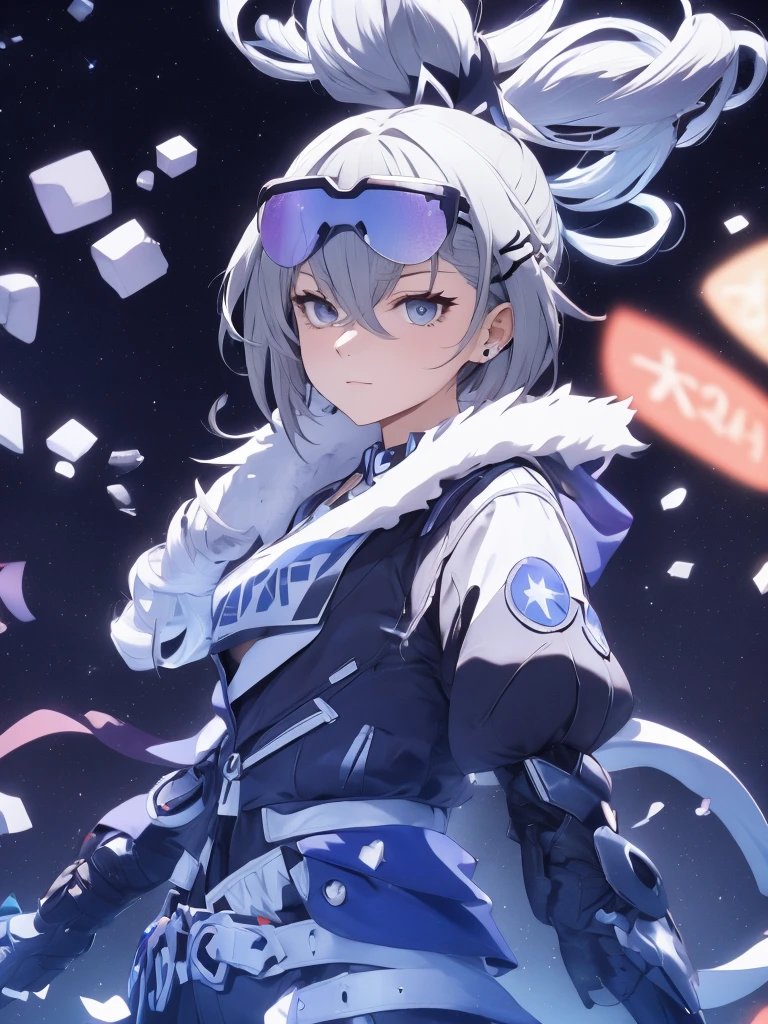 sliver wolf /(honkai:star rail/), grey hair(drill ponytail), fur trim jacket, sunglasses (piercing gaze)(cold expression), beautiful face, beautiful eyes, ultra hd, high resolution, best quality, 8k, top quality, Anime character, game character, girls, video game, silver wolf, honkaistarrail