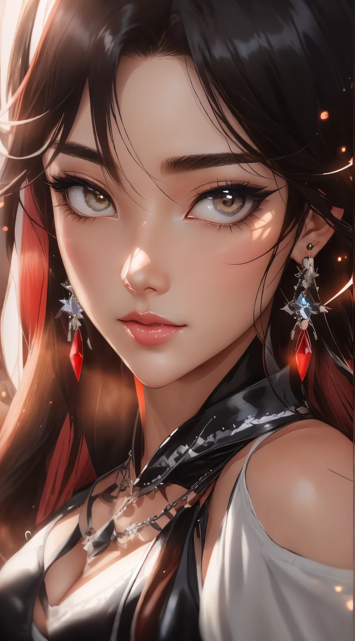 a close up of a woman in a red dress with long hair, beautiful seductive anime woman, a beautiful fantasy empress, inspired by Du Qiong, seductive tifa lockhart portrait, ((a beautiful fantasy empress)), seductive anime, beautiful anime woman, Tifa Lockheart glamourosa, beautiful avatar pictures, Mai Shiranui, lady in pink armor, Tifa, (lingerie:1.2), photo realist, about_cos, Tyndall effect, photorrealistic, Dark Studio, Rim lighting, dual-tone lighting, (highly detailed skin:1.2), 8K UHD, dslr, soft lighting, high qualiy, Volumetric lighting, candid, fot, high resolution, 4K, 8k, bokeh, breast out, (:0.9), (purple eyes color), (transparent armor:1.0), large breasted,