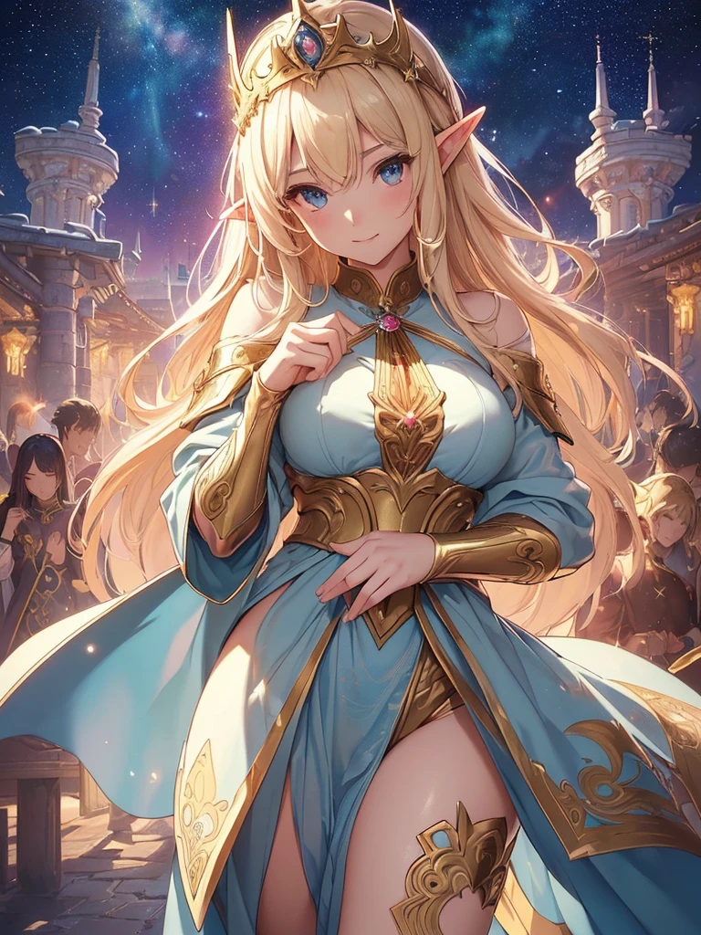 top-quality、Top image quality、masterpiece、Super beautiful elf beauty((22 years old OL big bust、Bust 90,beautiful long ironed hair、a blond、1.9 globes、、A slender、a closeup、Esbian、beautiful tiara、hiquality、Beautiful Art、Background with((starrysky)))masutepiece、visualart、depth of fields、low angle of morning sky、、Elven ears、、light magic、Space Knight、harp melody🎵、Happy smile、Gentle light、、Beautiful legs that are gentle on the skin、、、Number of fingers to achieve precise finger movements、ticker beautiful decorative dress、elegent、Mystical Rosa、 Heaven、Marble pillars, beautiful dressy、Huge galaxy、The dragon、巨大な白いThe dragon、Temple of Time、moment of creation!myth、alphonse mucha art、art noveau、byzantine art、folding screen picture、gold foil、Raphael's paintings、Renaissance art、Background withに龍、The dragon