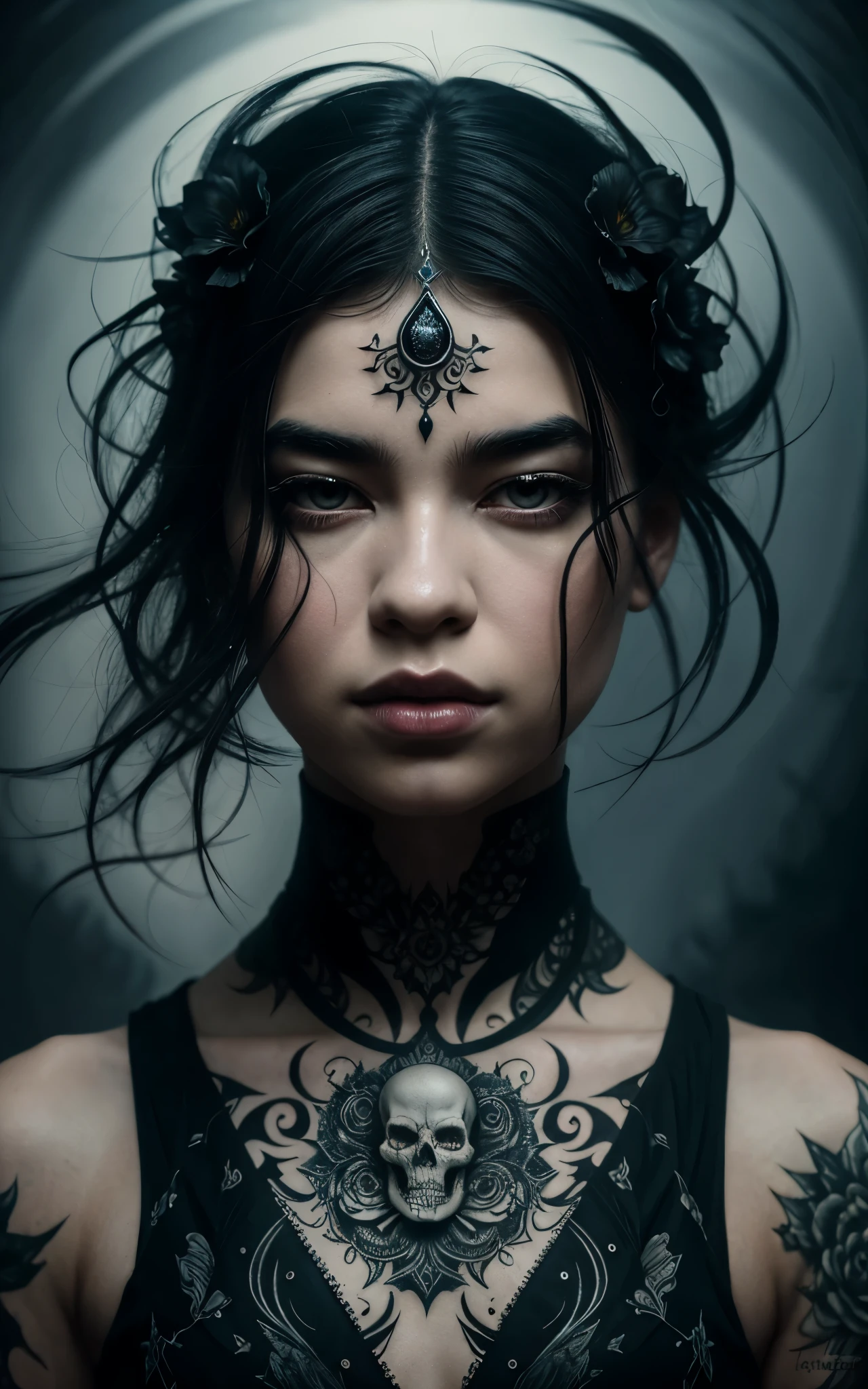 (DuaLipa) is a beautiful charming vampire queen sitting on a throne, carved out of dark smoke, pale skin,dark fantasy background, black, circular colored smoke, waves of shadows at night, abstract skull ornaments, messy hair, soft colors, flat 4d street art in the style of adrian ghenie, esao andrews, jenny saville , edward hopper, surrealism, james jean dark, takato yamamoto, inkpunk minimalism, , detailed eyes with circular iris, seamless geometric pattern harmony, luminogram, iron gall ink, art by Russ Mills, Sakimichan,, by GIlSam -paio octane rendering depicting innovation and truth, 8k, by Lee Jeffries, depth - Gs studio