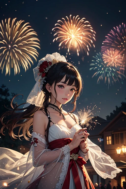masterpiece, 
best quality, ultra-detailed,  
an extremely delicate and beautiful, New Year's festivities, fireworks, flower blizzard,