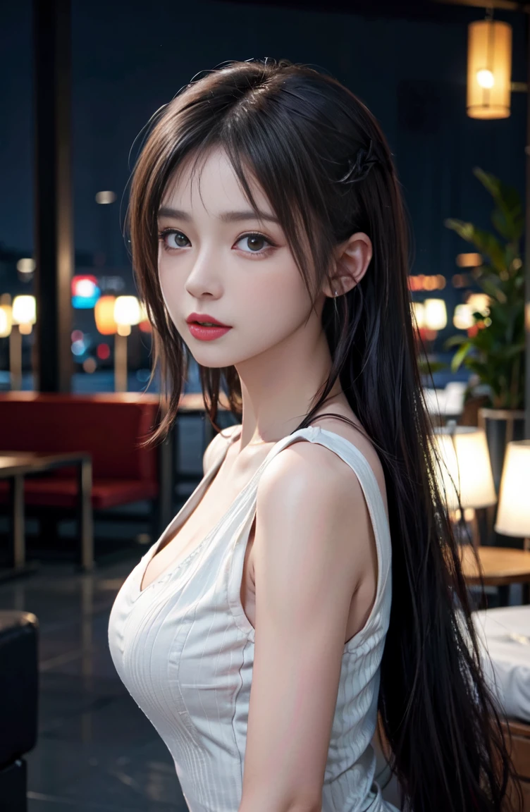 Highest quality、Ultra-high resolution、(Photorealistic:1.6)、Beautiful girl、(Detailed eyes:1.2)、(詳細 Beautiful girl:1.4)、(C cup breasts:0.8)、Tokyo Street、night、Cityscape、City lights、Upper body、Close-up、8k、Raw photo、Highest quality、masterpiece、Realisticな、Realistic、Parted bangs、length、Brown Hair、Red lips