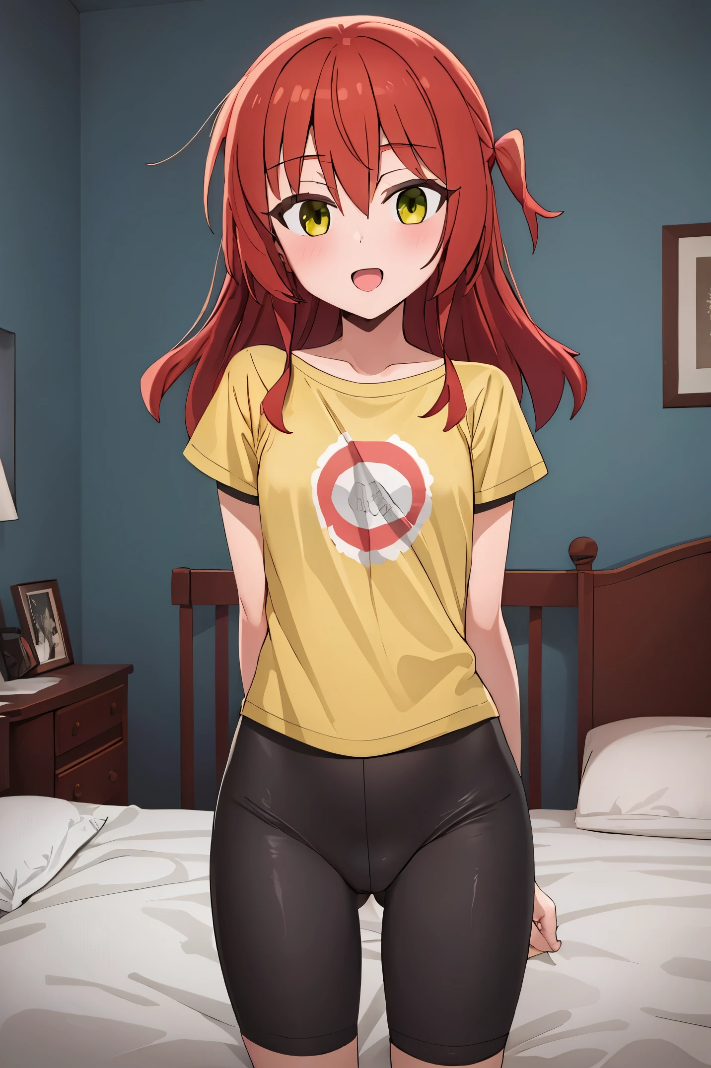 1 girl, best quality, ultra high res, long hair, red hair, green eyes, looking at viewers, small breast, standing, pov, slim body, loli body, small body, smile, open mouth, yellow shirt, short sleeves, bike shorts, bedroom, white bed sheets,