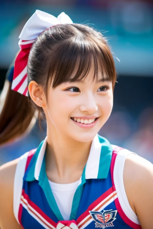 top-quality、masterpiece、hight resolution、4K、real 18 year old woman、cheer girl、cheerleaders、a smile、Hairstyle is ponytail、1girl in、