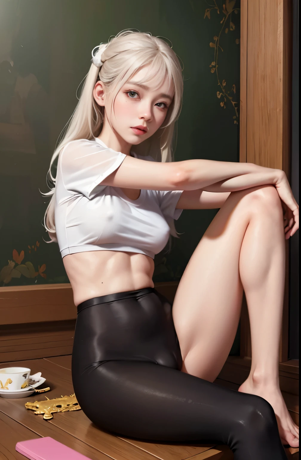 (Hyper-realistic), (illustratio), (A high resolution), (8K), (The is very detailed), (best illustratio), (Beautiful and detailed eye quality), (ultra - detailed), (tmasterpiece), (the wallpaper), (详细的脸), ソロ1女の子, white scrunchie, korean people, heterochromatic eyes, There is a small mole under the eye, Loose white shirt, Yoga pants, , legs long, Firm abs, Camel toes, dynamicposes