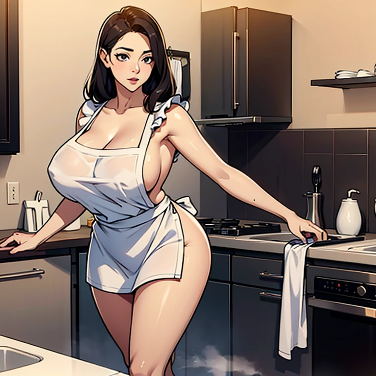No clothes on,All I have on me is an apron,Washing dishes,voluptuous figure,slender leg,There's someone standing behind