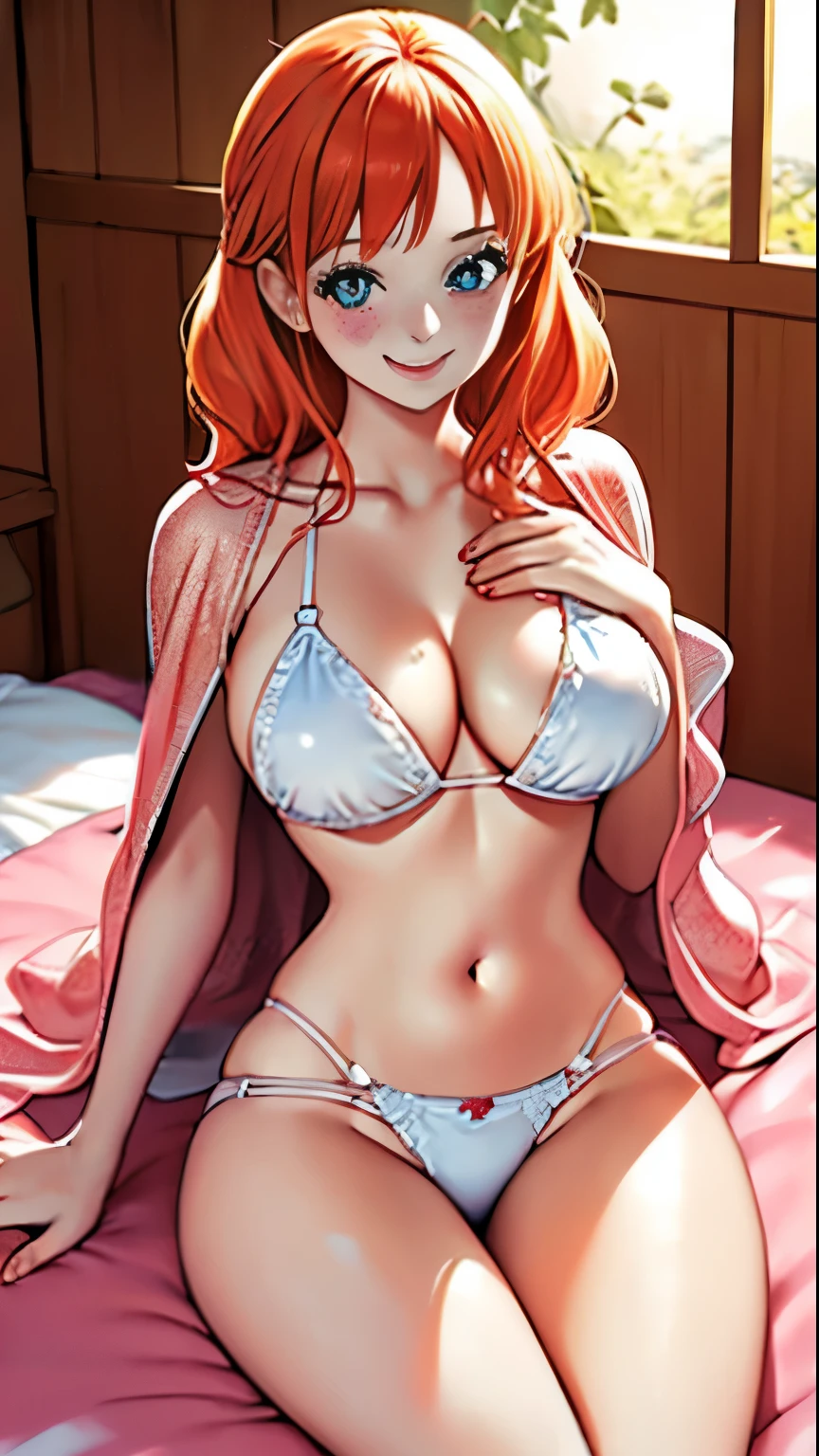 body: pale skin, strawberry blonde hair, girl, hair down,  slightly freckled, slight overweight, soft, busty, navel
clothing: hair ribbon, thin sheer robe, low opacity fabric
pose: blushing, slightly smiling, bliss, lying down, legs parted, hands in panties
setting: sauna
aesthetic: average person, soft face, well lit room, soft eyes, MILF, mature woman